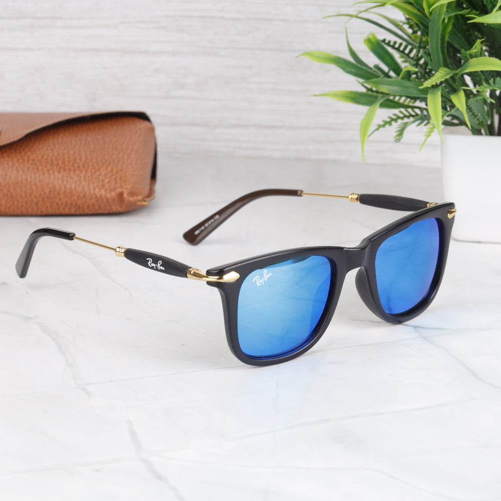 Classic Square 2148 Gold-Blue Mirror Sunglass with gold square frame and UV 400 mirror lenses from JUO INDIA.
