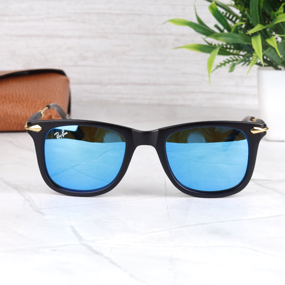 Classic Square 2148 Gold-Blue Mirror Sunglass with gold square frame and UV 400 mirror lenses from JUO INDIA.
