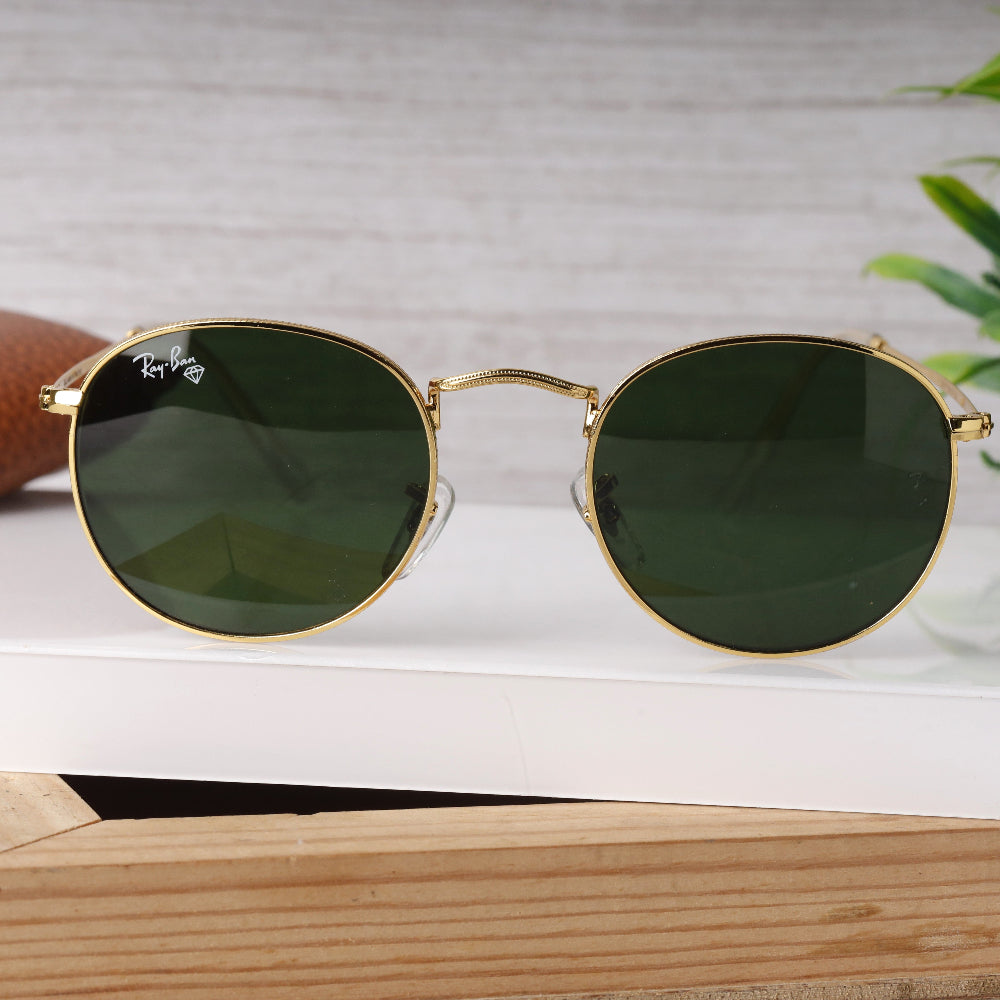 Classic Round 3447 Gold-Green Sunglass with gold round frame and UV 400 green lenses from JUO INDIA.
