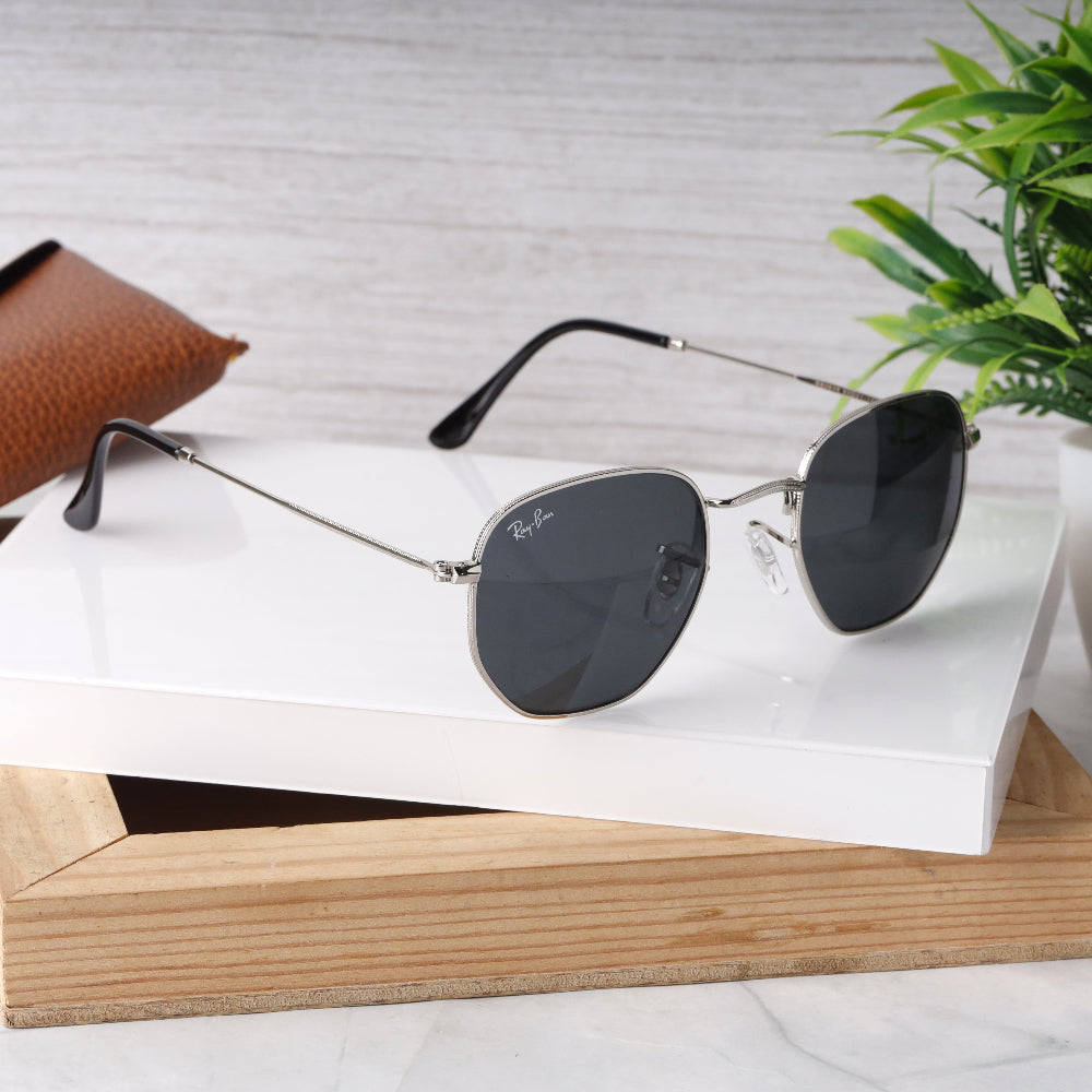 Classic Hexagonal 3548N Silver-Black Sunglass with silver frame and UV 400 black lenses from JUO INDIA.
