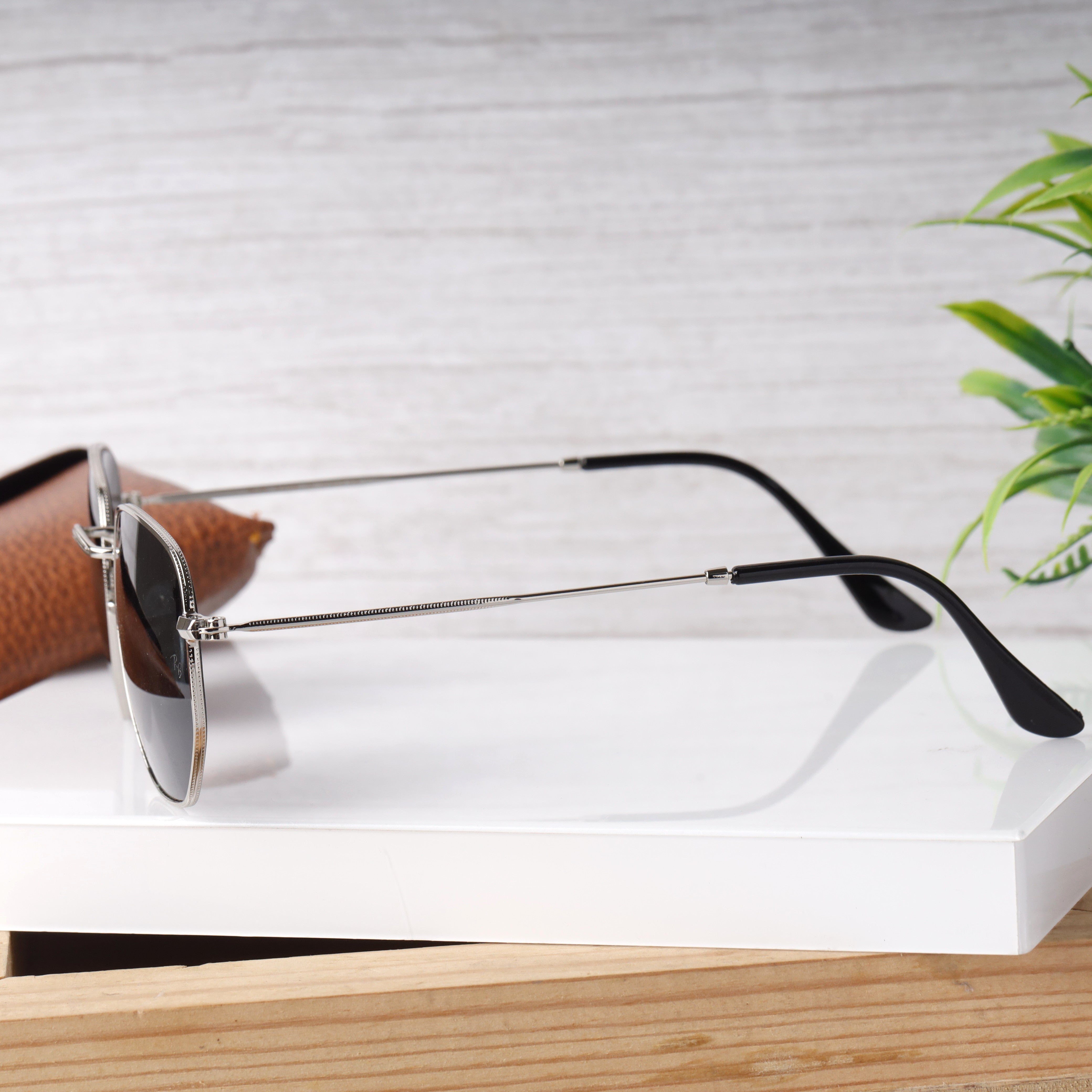 Classic Hexagonal 3548N Silver-Black Sunglass with silver frame and UV 400 black lenses from JUO INDIA.
