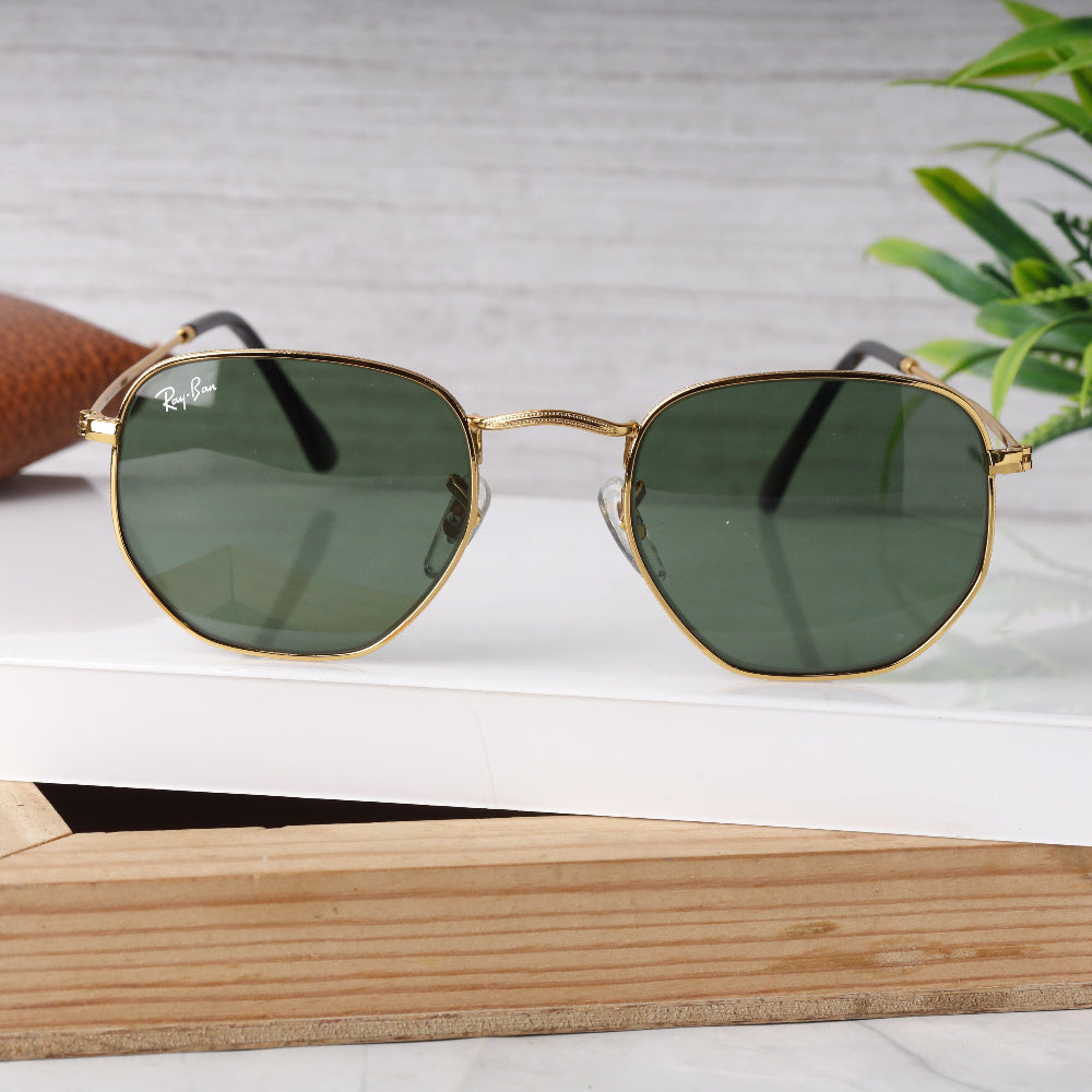 Classic Hexagonal 3548N Gold-Green Sunglass with gold frame and UV 400 green lenses from JUO INDIA.
