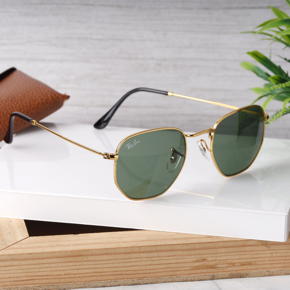 Classic Hexagonal 3548N Gold-Green Sunglass with gold frame and UV 400 green lenses from JUO INDIA.
