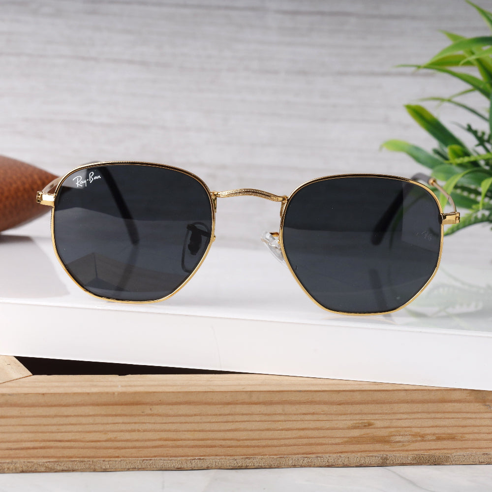Classic Hexagonal 3548N Gold-Black Sunglass with gold frame and UV 400 black lenses from JUO INDIA.
