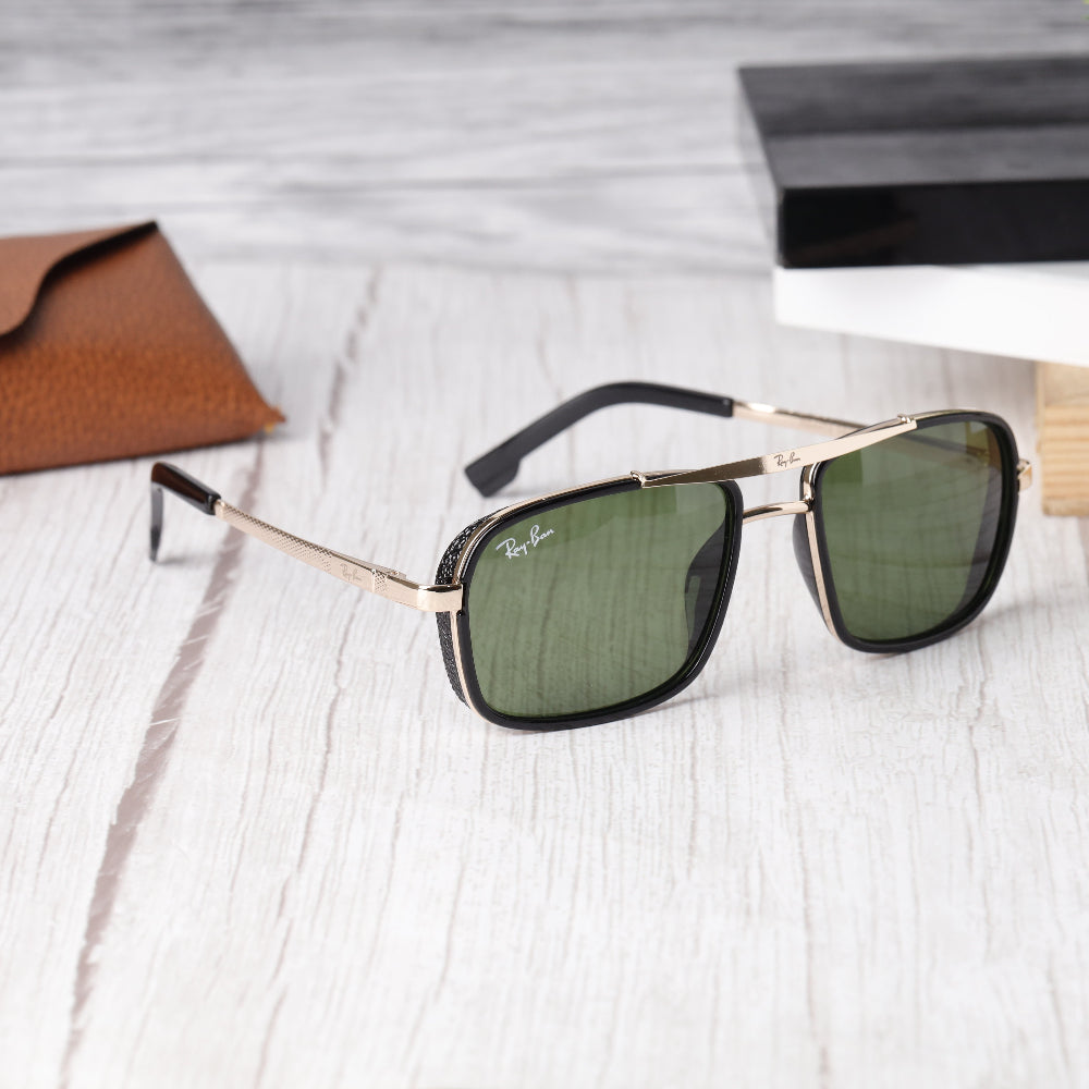 Classic Square 4413 Gold-Green Sunglass with gold frame and green lenses featuring UV 400 protection from JUO INDIA.

