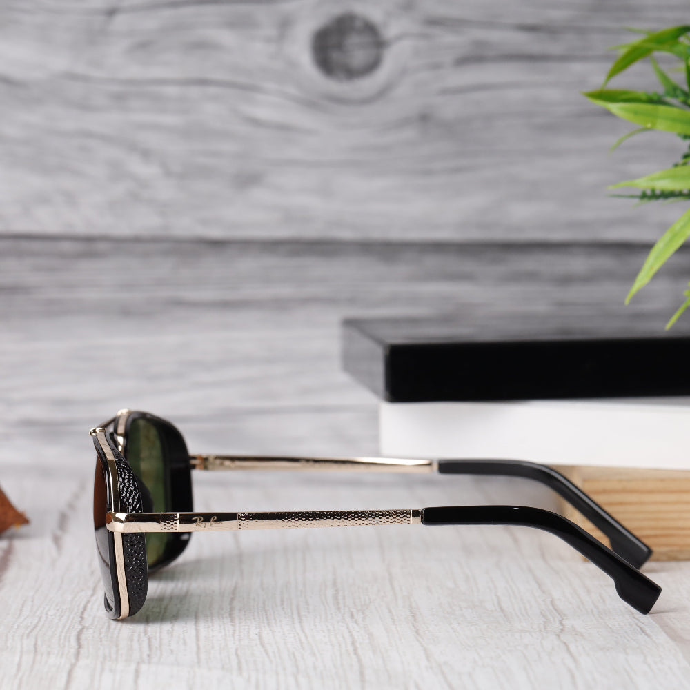 Classic Square 4413 Gold-Green Sunglass with gold frame and green lenses featuring UV 400 protection from JUO INDIA.
