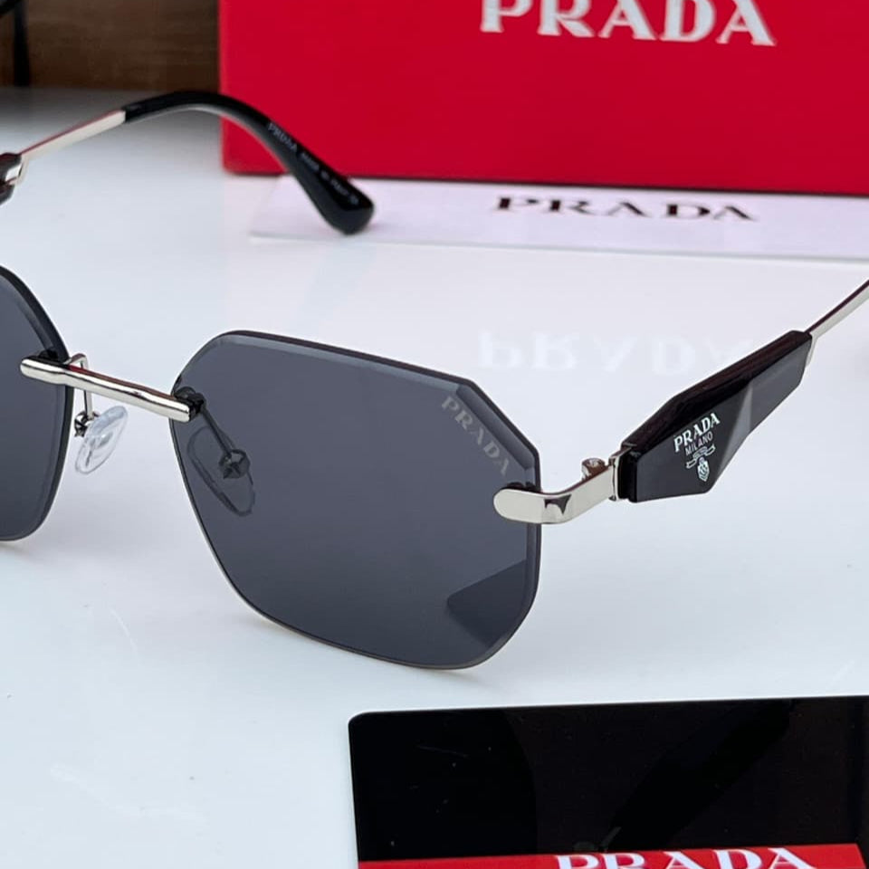 Prada 5703 Silver-Black Sunglass with rimless frame and black lenses