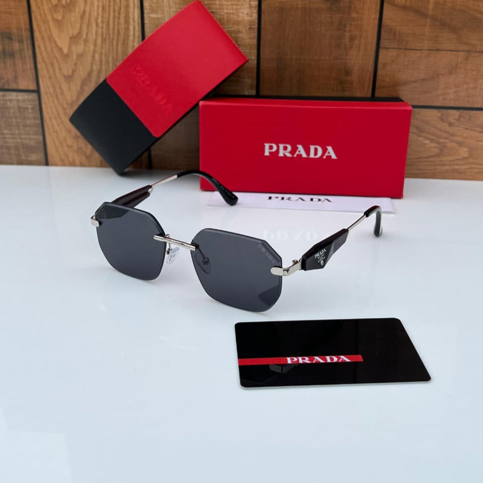 Prada 5703 Silver-Black Sunglass with rimless frame and black lenses