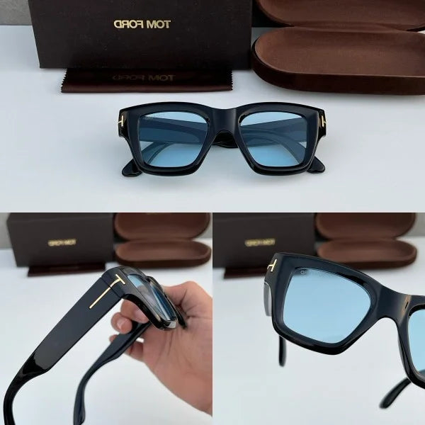 T0m F0rd 184 Black-Blue Sunglass (Shining) with glossy black frame and stylish blue lenses. UV400 protection with premium shine finish for a bold and modern look.